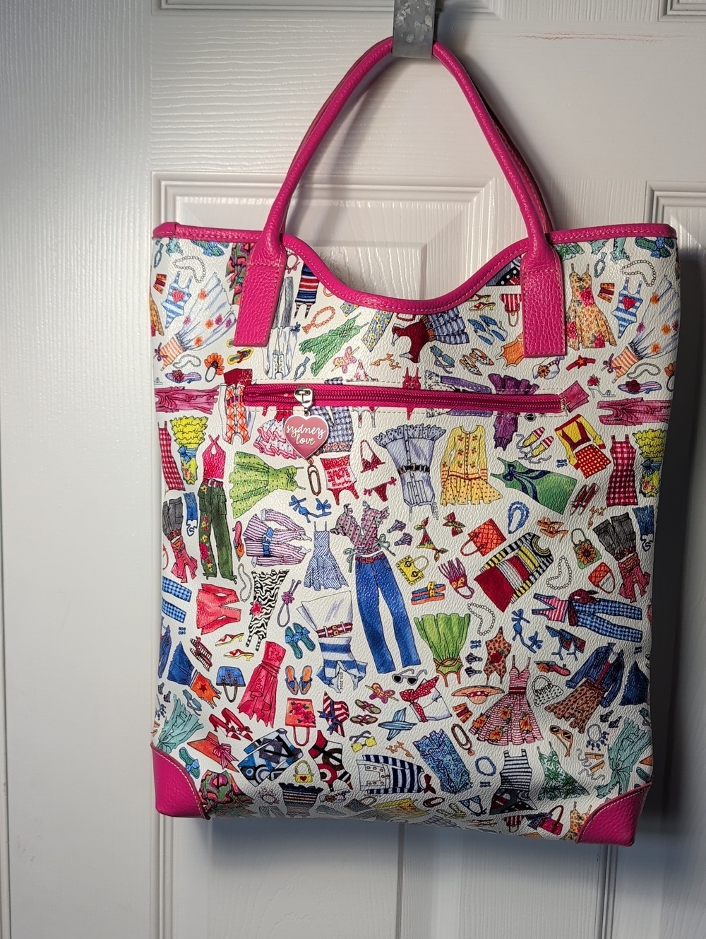 Colorful Fashion-Print Canvas Tote with Bright Pink Trim